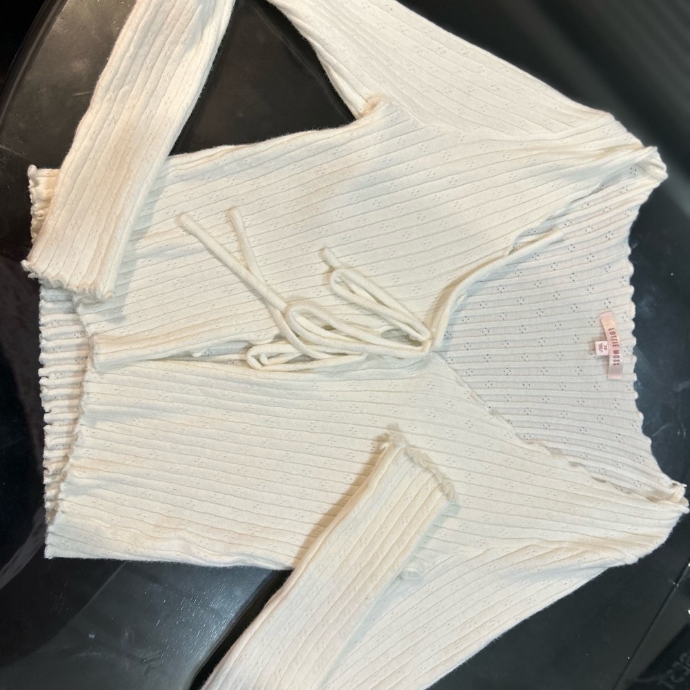Lottie Moss shirt women size XS off white eyelet sweater with tie in front